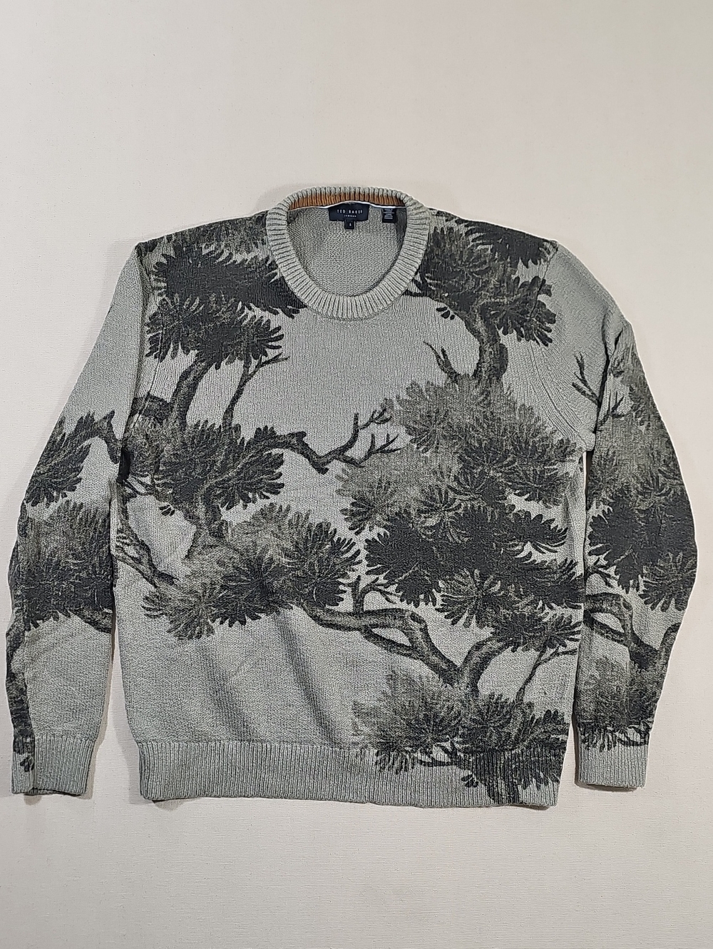 Ted Baker Men's Light Gray Crewneck Sweater with Dark Green Botanical Motif